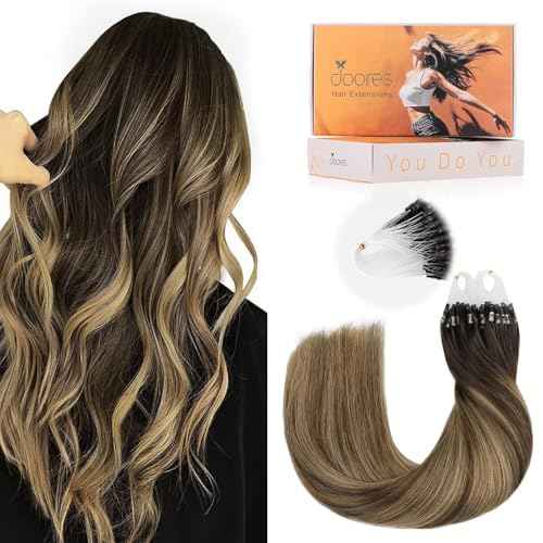 DOORES Micro Beaded Hair Extensions Human Hair extension, Balayage Chocolate Brown to Caramel Blonde 24 Inch 50g/50s, Micro Ring Hair Extensions Human Hair
