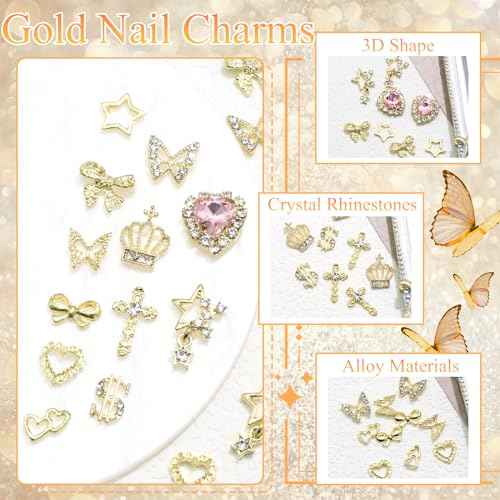 180PCS Gold Nail Charms: Cross Crystal Star, 3D Gold Butterfly, Sparkly Crown, Shiny Dollar Sign, Bling Cross Bowknot Starlight for Nail Art and DIY