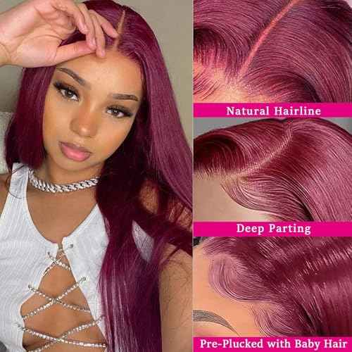 Estilar 99j Burgundy Lace Front Wigs Human Hair 20Inch Burgundy Wig 150% Density Brazilian Virgin Straight Human Hair Wigs for Women Pre Plucked with Baby Hair
