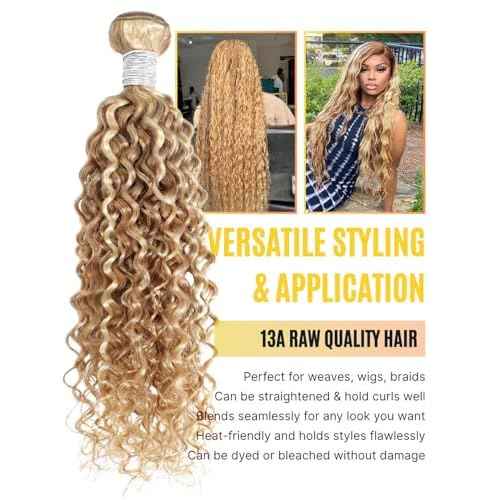 13A 27/613 Human Hair Bundles Water Wave, Highlight Blonde Curly Bundles Wet n Wavy 100% Raw Hair Keep Silky And Soft After Washing #F27/613 Highlight Honey Blonde Sew In Weave 3Pcs 10 12 14IN