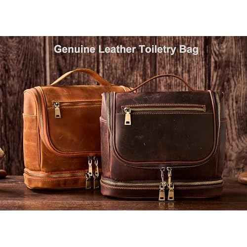 EURYNOME Travel Toiletry Bag For Men, Genuine Leather Shaving Dopp Kit Bottom Storage Holds More (11x8.6x4.7)-Mens Toiletry Bag -Leather Makeup Cosmetic Organizer Kit - Men Travel Toiletries Bag