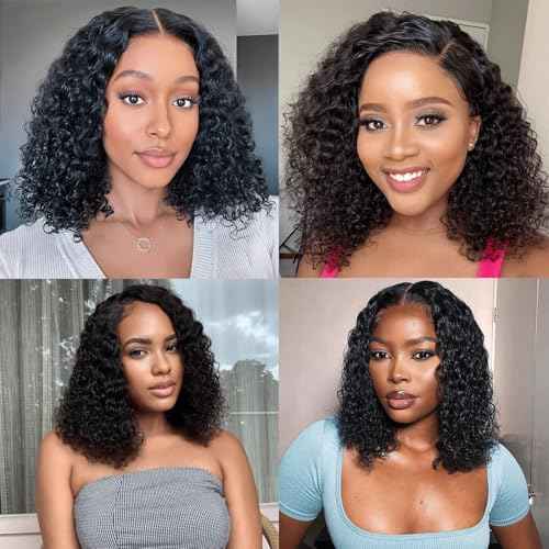 14 Inch Deep Wave Bob Wig Human Hair Glueless 13x6 Lace Front Wigs Human Hair Wigs for Black Women Pre Plucked 200 Density HD Short Curly Lace Frontal Wig Natural Black