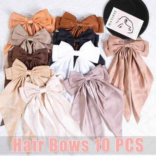 10 PCS Large Hair Bows Ribbon Bow for Women,Hair Bows for Womens,Oversized Long-tail Cute Aesthetic Hair Accessories,Large Hair Barrettes for Women,Big Bows for Girls£¨Warm brown