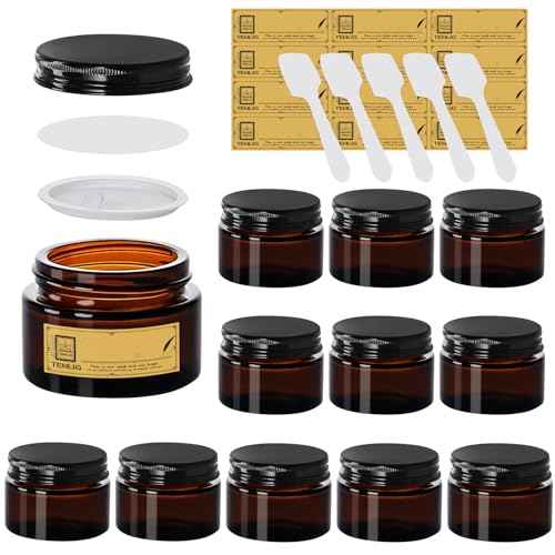 1.75 oz Glass Jars with Lids,Amber,12 Pack Empty Cosmetic Containers with Inner lids and Inner Liners,Black Metal Lids,Refillable Round Airtight Jars,Use to store Lotion,Powders,Candle Making