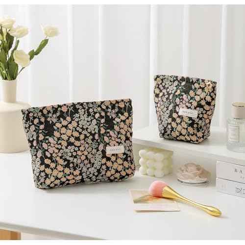 2 Pcs Makeup Bags, Large Cosmetic Bag Travel Toiletry Bag Organizer for Women, Embroidery Craft, Floral Makeup Bag Small Cosmetic Pouch Purse with Zipper Gifts for Girls Teen
