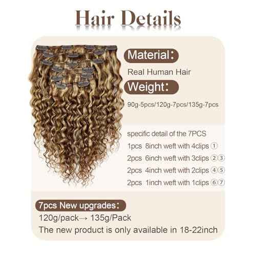 Hetto Thick Curly Clip in Hair Extensions Brown Highlight Blonde Curly Hair Extensions Water Wavy Human Hair Extensions 135g 18 Inch 7Pcs #P4/27