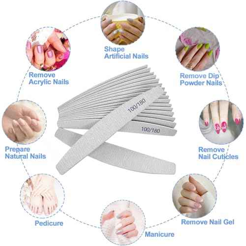 Nail Files (12 Pack), 100/180 Grit Wooden Emery Board Nail File Double Sided Wood Emory Fingernail Files for Natural Nails Professional Reusable Manicure Pedicure Curved