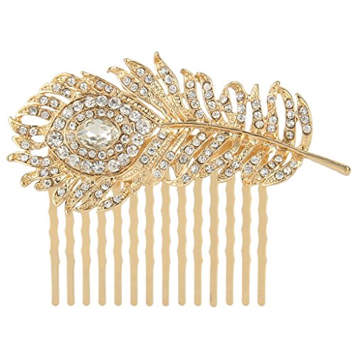 EVER FAITH Gold-Tone Austrian Crystal Wedding Peacock Feather Hair Side Comb Clear