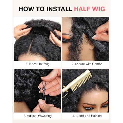 Kinky Curly Half Wig Human Hair 210 Density 3 In 1 Seamless Flip Over Half Wigs Glueless Kinky Curly Wigs Human Hair Beginner Friendly 360 Degree Flexi-fit Drawstring Headband Wig for Women 18 Inch