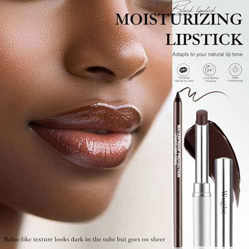 Tinted Lip Balm Brown Lip Liner Set, Hydrating Formula Black Lipstick for Women, Matte Lip Liner and Lipstick Combo Natural Glossy Finish Makeup Lip Care Balm for Repairing Dry Lips