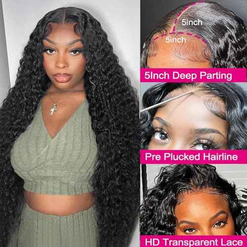 Manorshen 26 Inch 5x5 HD Lace Closure Wigs Human Hair Pre Plucked Deep Wave Human Hair Wigs for Black Women Glueless 180% Density Wet and Wavy Deep Curly Wig Natural Color with Baby Hair