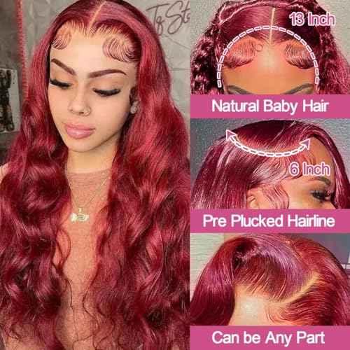 28 Inch 99J Burgundy Lace Front Wigs Human Hair Pre Plucked 13x6 HD Transparent Body Wave Lace Front Wigs 99j Burgundy Red Wine Glueless Frontal Human Hair Wigs for Women