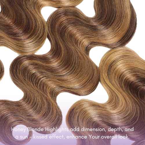 Honey Blonde Highlight Body Wave Single Bundles 28inch Human Hair, 12A 100% Unprocessed Virgin P4/27 Ombre Brown Brazilian Wavy Weaves Thick Track Balayage Colored Human Hair Bundles Remy Sew In