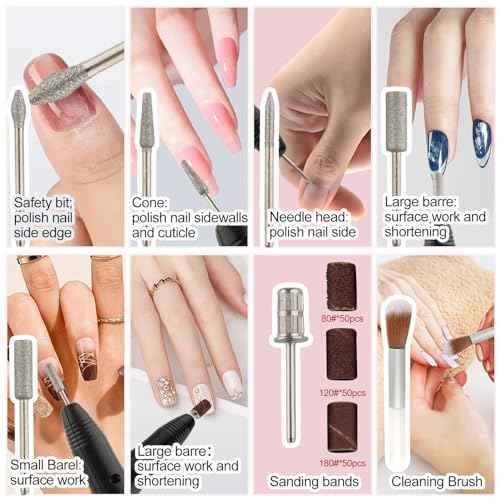 Professional Electric Nail Drill Machine Nails File Manicure Pedicure Set for Acrylic Gel Dip Powder Art Shape Remover Tool Polisher Grinder Low Noise with 6 Drill Bits 156pcs Sanding Bands (Black)