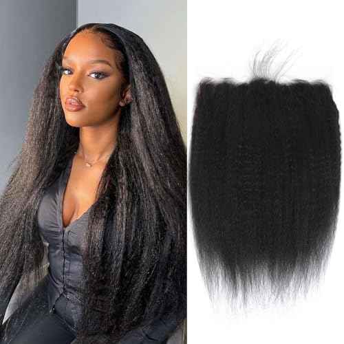 Kinky Straight 13x6 Frontal Yaki Straight Lace Frontal 100% Human Hair HD Transparent Lace Frontal Kinky Hair Frontal 13x6 Yaki Hair Closure Natural Black 1B Color 12 Inch 150% Density