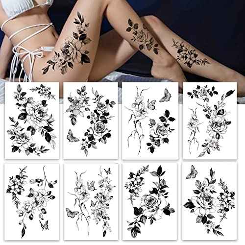 Temporary tattoos for women sexy thigh chest shoulder stomach Large flower huge fake tattoos£¬Exquisite and aesthetic£¬Designed By Real Tattoo Artists | Roarhowl tattoo rose 8 sheets