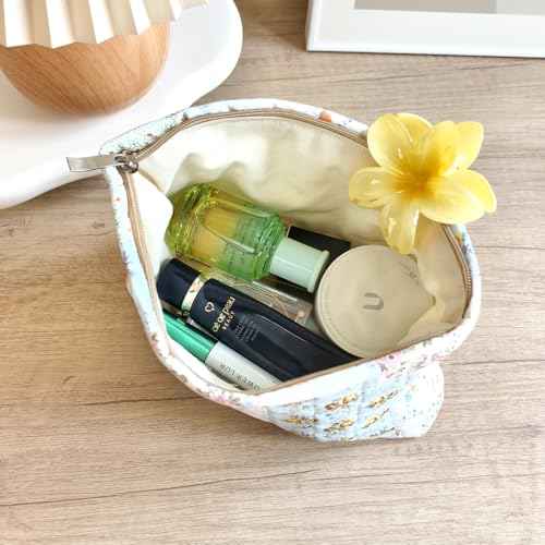 STARDW Cute Cotton Quilted Makeup Bag Cosmetic Bags for Women and Girls,Travel Toiletry Bag Floral Makeup Zipper Pouch, Purse Organizer Pouches,Canvas Lining (Cotton Floral)