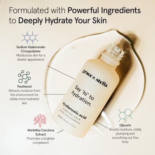 grace & stella Award Winning Hyaluronic Acid Face Serum (50ml/1.7 fl oz) Removes Fine Lines & Wrinkles, Hydrating Hyaluronic Acid Serum for Face, Acido Hialuronico for Women - Vegan Skincare (2-Pack)