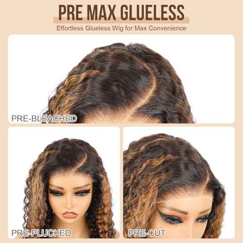 BLY Highlight Wear and Go Glueless Wig Water Wave Human Hair Wigs for Women 18 Inch 5x7 HD Lace Pre Cut Pre Plucked 2/30 Ombre Brown Colored Deep Wave Lace Front Wig 180% Density