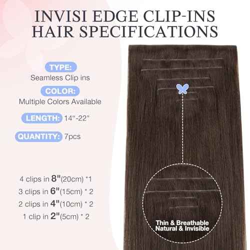 DOORES Clip in Hair Extensions Real Human Hair 14 inch 110g 7pcs Invisible Human Hair Extensions Clip ins, Injected Seamless PU Clipins Virgin Invisi Edge Natural Straight, 4A Chocolate Brown