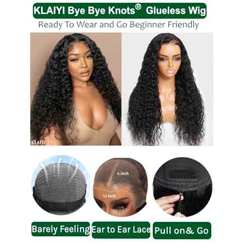 KLAIYI Water Wave Pre Everything Glueless 13x4 Lace Front Wigs Human Hair Precut Lace Pre Plucked Pre Bleached Bye Bye Knots Curly Wear and Go Beginners Wig with Drawstring 30S Ready to Wear 16Inch