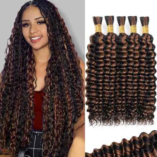 160g 5 Bundles/Pack Ombre Brown Human Braiding Hair for Boho Braids 24 Inch Curly Boho Hair for Braiding Knotless 12A Deep Wave Bulk Bohemian Color P1B/30