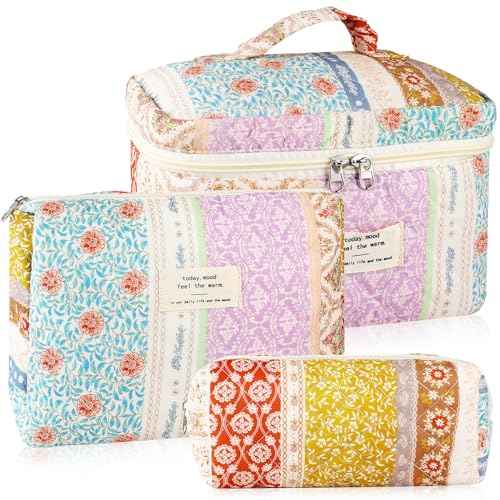 3Pc Cotton Quilted Makeup Bags for Women Large Small Coquette Floral Travel Cosmetic Bag Set Aesthetic Cute Flower Makeup Pouch Portable Toiletry Bag Puffy Essential Storage Organizer Bag