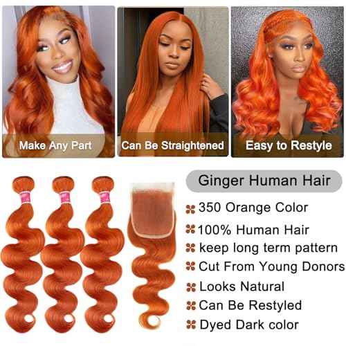 Ginger Human Hair Bundles with Closure Body Wave 16 18 20+16 IN 350 Orange Colored Bundles Human Hair with 4x4 HD Closure Free Part Soft Thick