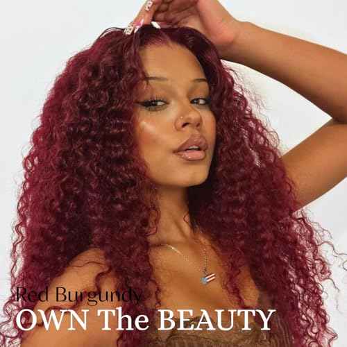 ALHER 2x6 HD Lace Closure with Bundles Human Hair 99j Dark Burgundy Water Wave, Cherry Wine Red Colored Virgin Remy 3 Bundles and 2x6 Long Deep Middle Part Kim K Closure With Baby Hair 10 12 14 +10 IN