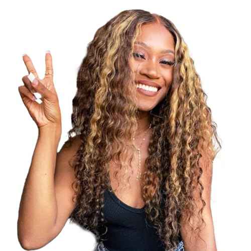 Ombre Highlight Glueless Wigs Human Hair Pre Plucked Pre Cut Curly Closure Wear and Go Glueless Wigs Human Hair Middle Part Balayage Water Wave Lace Frontal Human Hair Wigs for Black Women 4/27 20Inch