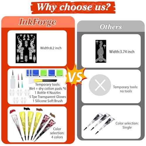 Temporary Stencils Tattoos Kit, 6 Pcs Tattoo Cones 4 Color (2 Black 2 Brown 1 Maroon 1 Cherry Red) with Gloves Brush Tool,DIY Body Art Skin Painting Designs for Women Men Kids Party Gifts