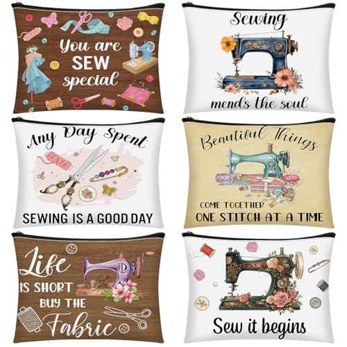 Reginary 6 Pcs Sewing Themed Makeup Bag Funny Sewing Gifts Canvas Cosmetic Pouch with Zipper Quilter Gifts for Women Quilter Enthusiast Mother's Day
