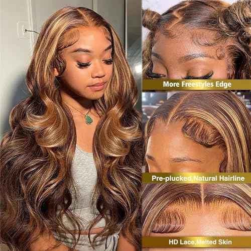 Balayage Highlights Lace Front Wig Human Hair Pre Plucked 24 Inch 13x6 HD Lace Frontal Wig Honey Blonde Highlight Outre Melted Hairline Lace Front Wig 150% Density Glusless Wigs Human Hair for Women