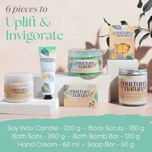 Nurture by Nature RELAX & UPLIFT Spa Kit for Women ? Birthday Gifts for Women ? 6 Piece Gift Basket with Hand Soap, Body Scrub, Hand Cream & More - Vegan Self Care Kit - Relaxation Gifts for Her