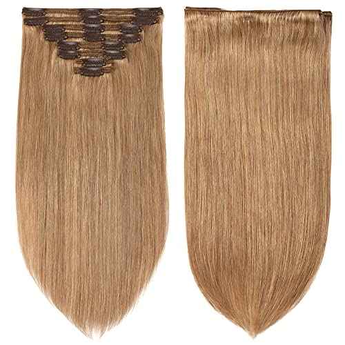 MY-LADY #27 Dark Blonde Double Weft Clip in 100% Remy Human Hair Extensions 14''-22'' Grade 7A Quality Full Head Thick Thickened Long Soft Silky Straight 8pcs 18clips for Women Beauty 22"/22 inch 160g