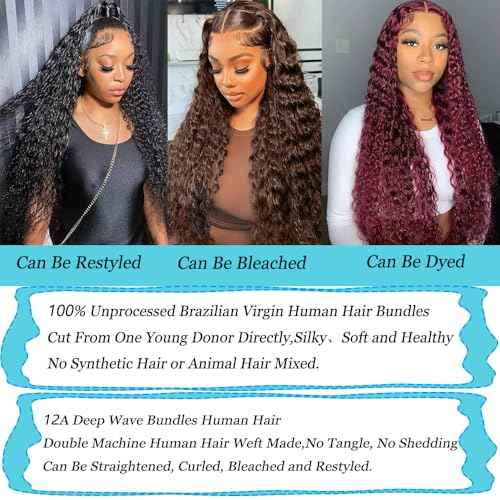 Great Grace 12A Deep Wave Human Hair Bundles 18 20 22 Inch Curly Bundles Human Hair 100% Unprocessed 3 Bundle Brazilian Virgin Human Hair Extensions Quick Weave Natural Black Color