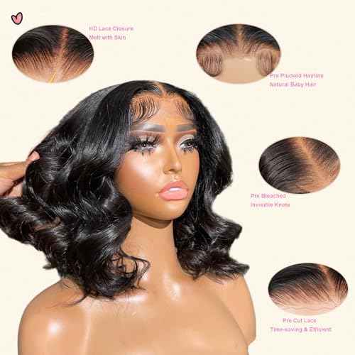 Glueless Bob Wig Human Hair Pre Plucked Pre Cut 4X4 HD Transparent Lace Closure Wigs Body Wave Wig Human Hair for Women Short Bob Wigs 16Inch