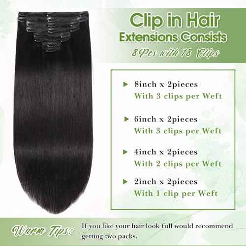 Natural Black Seamless Clip in Hair Extensions Real Human Hair 22inch Clip ins Human Hair Extensions Straight Clips in 100% Clip in Extensions Human Hair for Women 8pcs Double Weft