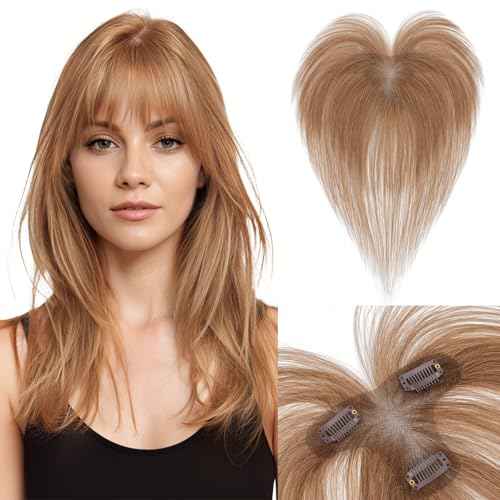 Women's Clip In Human Hair Topper, with 360¡Æ 3D Cover Air Bangs - for Thinning Hair, Straight, 11 Inch, Light Brown, 9x12 CM Upgraded Seamless Silk Base, Lightweight, Breathable