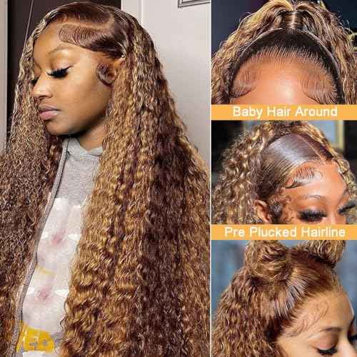 13x6 Highlight Lace Front Wig Ombre Deep Wave Lace Front Wig Pre Plucked With Baby Hair 180% Density Honey Blonde Curly Human Hair Glueless Wigs for Women (24 inch)