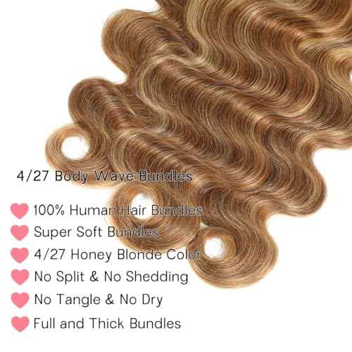 Ombre Brown Highlight Body Wave 3 Bundles with 4x4 Closure Human Hair HD Lace Free Part Soft and Glossy 12A Blonde P4/27 Color 100% Human Hair Bundles with Closure 16 18 20+14 Inch
