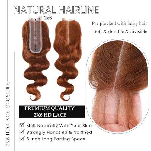 ALHER 33 Reddish Brown Body Wave Long Deep Part 2x6 Lace Closure, Copper Brown Colored 2x6 Kim K Closure Pre Plucked with Baby Hair, 12A 100% Brazilian Virgin Remy Human Hair for Black Women 14 Inch