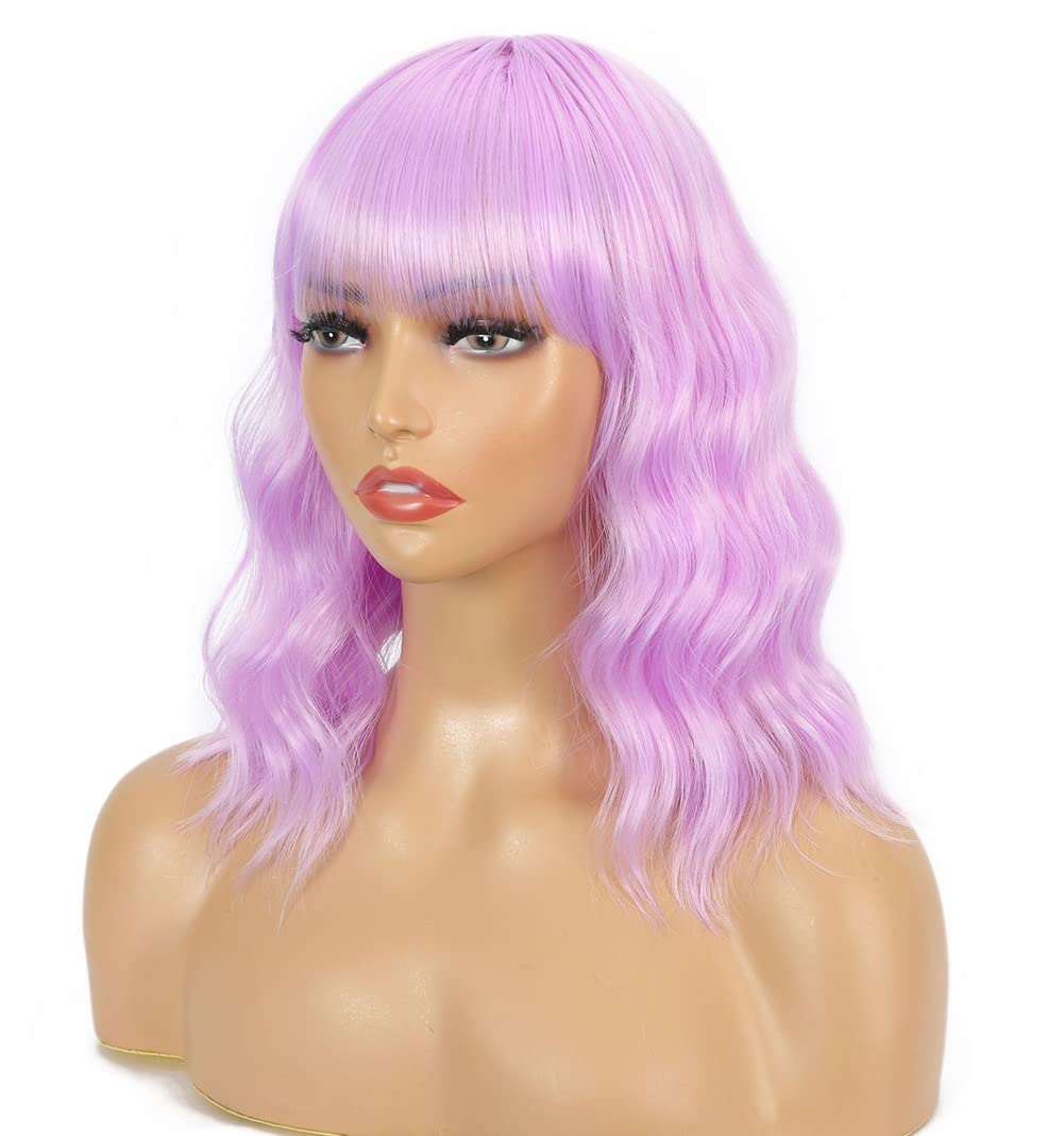 Sharebeauty Synthetic Bob Wig for Women Natural Wavy Curly Full Wig with Bangs Pinkish Purple