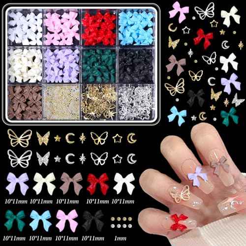 2 Boxes 3D Bow Nail Art, Carviar Beads for Nail Art, Assorted Flower Heart Butterfly Acrylic Bows Nails Charms with Pearls Gems Bead for Nail Design DIY Y2K Supplies