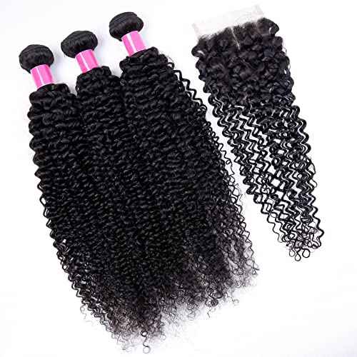 Brazilian Curly Human Hair Bundles with Closure 10A Kinky Curly Bundles and Closure Unprocessed Virgin 3 Bundles with 4x4 Lace Closure Kinky Curly Weave Human Hair Bundles(18 20 22+16) Natural Color