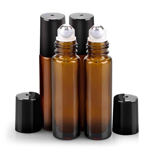 sungwoo 4 Pack Essential Oil Roller Bottles Stainless Steel, 10ml Amber Glass Roller Bottles with Caps for Travel, Perfume and Lip Gloss