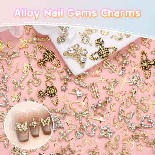 320 Pcs 3D Gold Nail Charms, Cross Snake Star Heart Dangle Nail Gems Charms, Bow Planet Dollar Butterfy Nail Gems for Alloy Nails, Rivet Nail Charms Rhinestones for Nails Art DIY Design