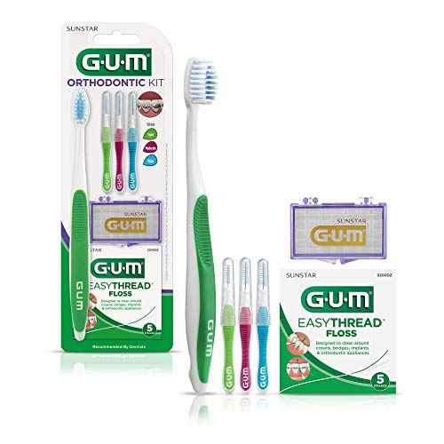 GUM Orthodontic Kit – Features Orthodontic Toothbrush, 3 Proxabrush Sizes and shred-resistant EasyThread Floss, and Mint Ortho Wax, 6pk