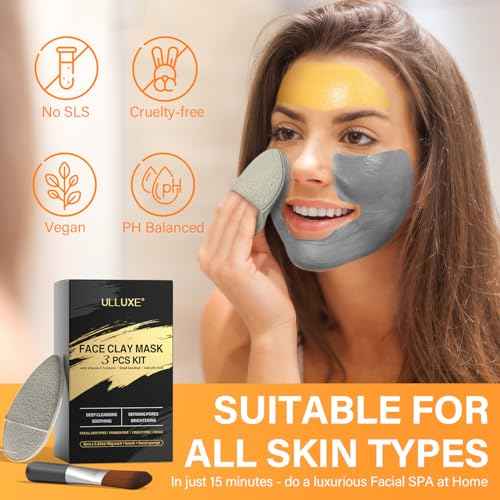 Facial Clay Mask Set - Vitamin C Turmeric Face Mask, Dead Sea Mud & Salicylic Acid (BHA) Mask for Pores Cleansing, Blackheads, Dark Spots, Brightening, Face Masks Skincare Gift for Women, 2.82 oz each
