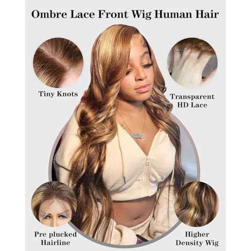 Ombre Lace Front Wig - Human Hair, 13x4 Body Wave, 4/27 Highlight, Honey Blonde, 180% Density (22 inch)